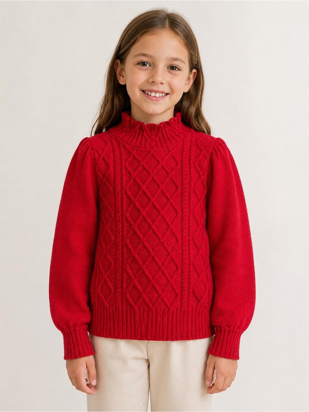 Janie and Jack Girls Red Cable Knit Puff Sleeve Sweater Size 10 Wool Blend